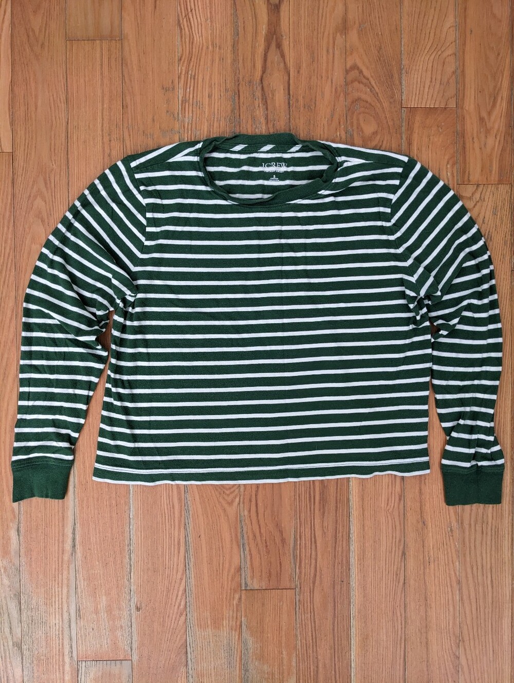 J Crew Striped Green & White Long-Sleeve Shirt Cropped Tee Vintage Jersey Tshirt